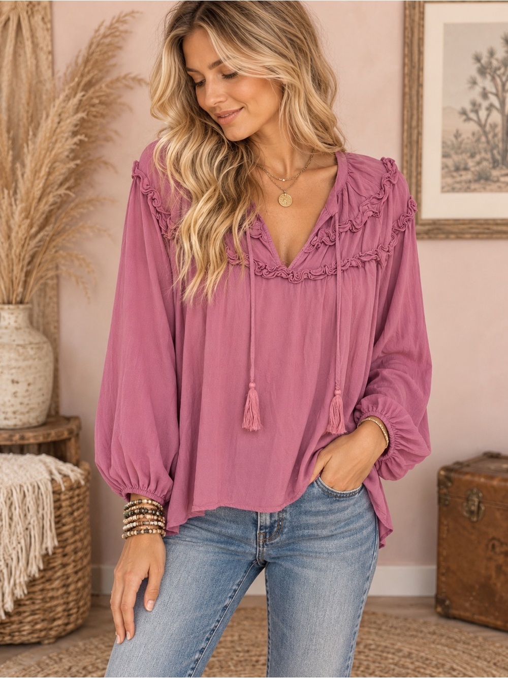 Ryegrass Boho Ruffle Tie-Neck Blouse in Rose Pink